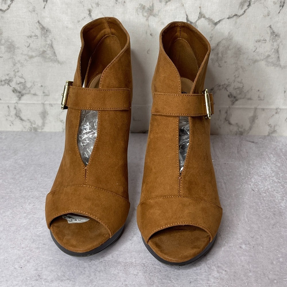 BRASH Women's Brown Leather Peep Toe Ankle Boots Stiletto Heels Size 10
